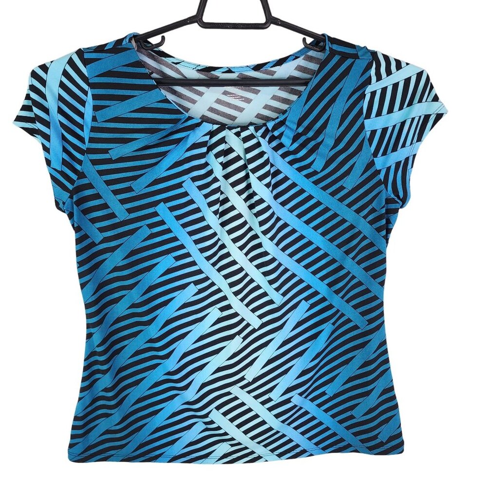 Women's Worthington Petite Top Shirt Cap Sleeve Abstract Blue/Black Stripes PL